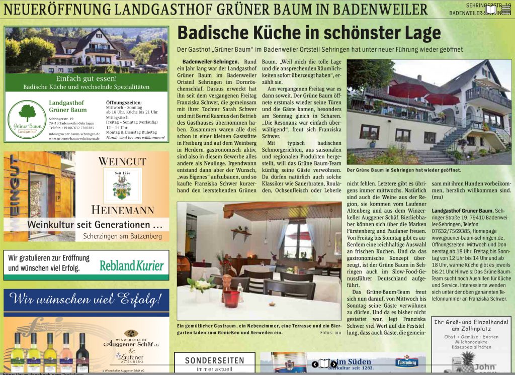 Presse Landgasthof Grüner Baum, BadenweilerSehringen